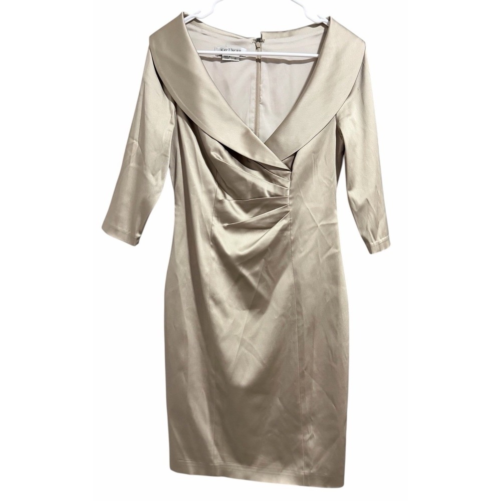 Kay Unger New York Cream Satin Cocktail Low V Neck Sheath Dress Women's Size 6‎